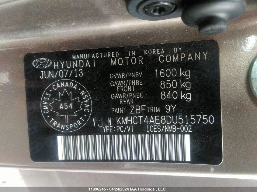 2013 Hyundai Accent VIN: KMHCT4AE8DU515750 Lot: 11996245