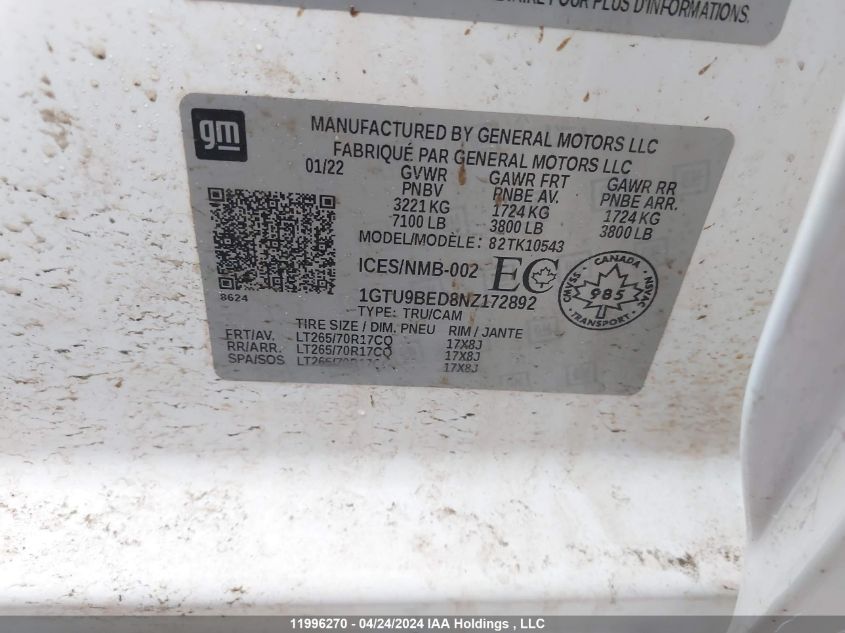 2022 GMC Sierra 1500 Limited VIN: 1GTU9BED8NZ172892 Lot: 11996270