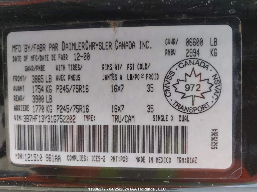 2001 Dodge Ram 1500 VIN: 3B7HF13Y31G752202 Lot: 11996277