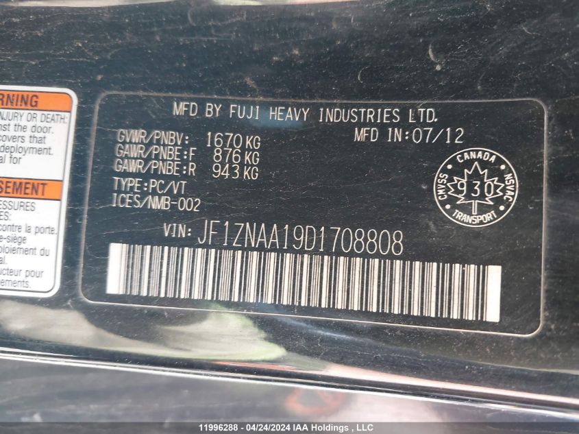 2013 Scion Fr-S Scion 10 VIN: JF1ZNAA19D1708808 Lot: 11996288