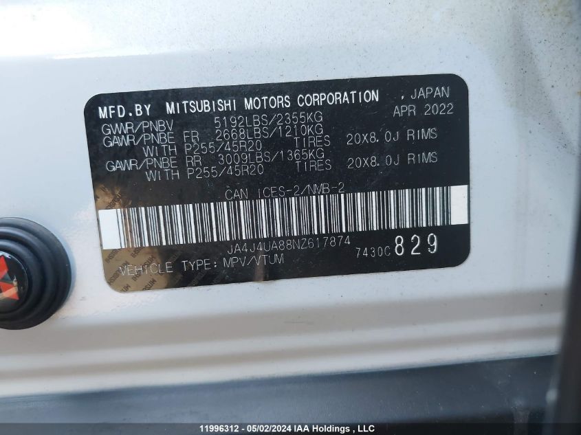 2022 Mitsubishi Outlander VIN: JA4J4UA88NZ617874 Lot: 11996312