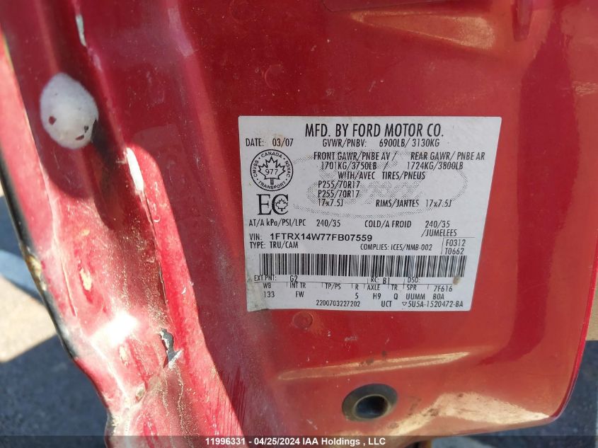 2007 Ford F-150 VIN: 1FTRX14W77FB07559 Lot: 11996331