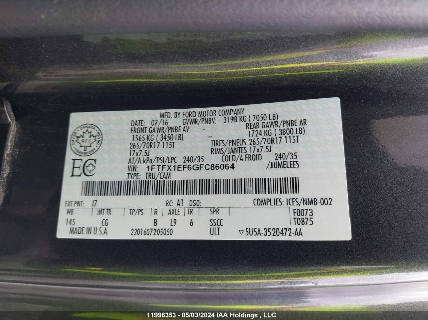 2016 Ford F-150 VIN: 1FTFX1EF6GFC86064 Lot: 11996353