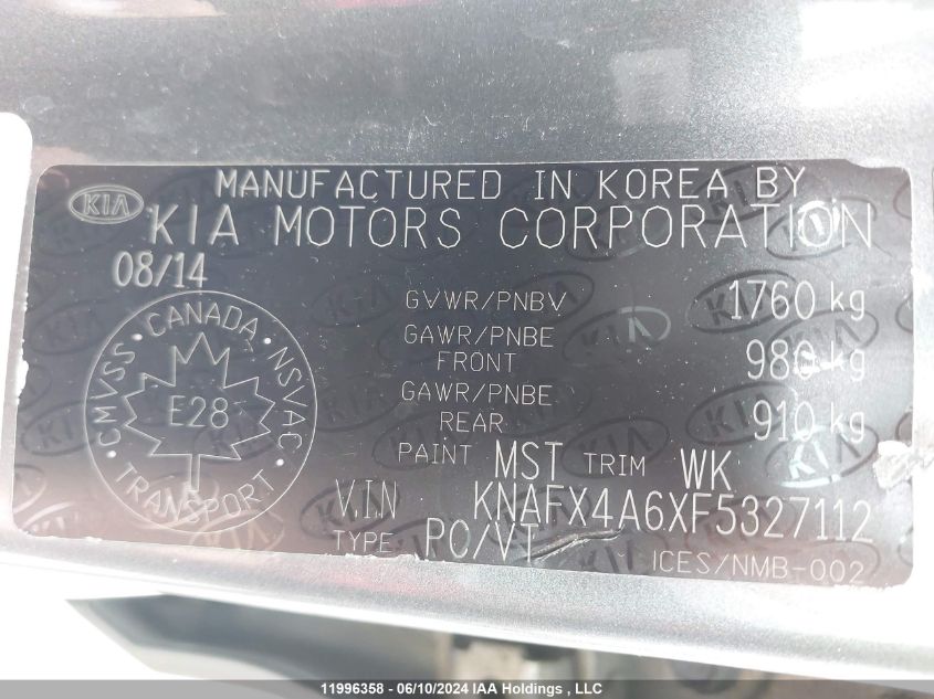 2015 Kia Forte VIN: KNAFX4A6XF5327112 Lot: 11996358