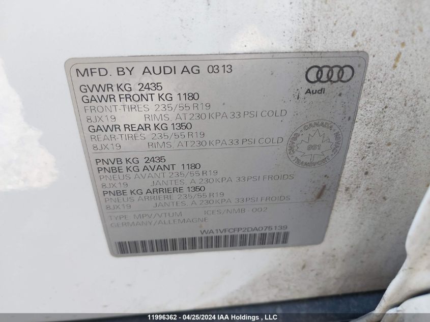 2013 Audi Q5 VIN: WA1VFCFP2DA075139 Lot: 11996362