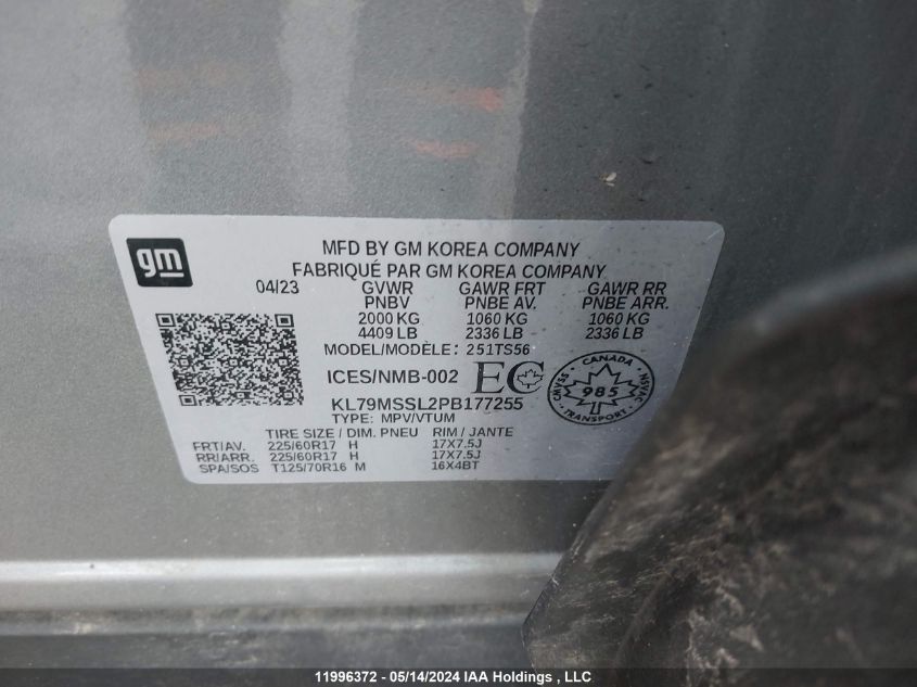 2023 Chevrolet Trailblazer VIN: KL79MSSL2PB177255 Lot: 11996372