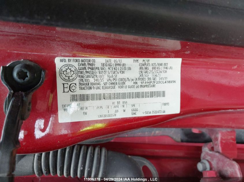 2012 Ford Focus Se VIN: 1FAHP3F22CL438956 Lot: 11996378