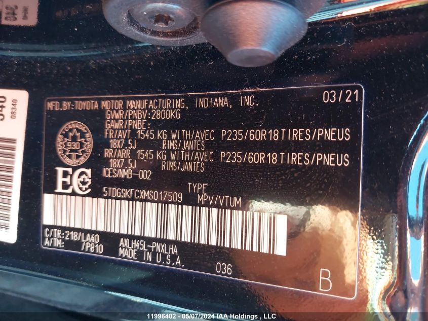 2021 Toyota Sienna Le 8-Passenger/Limited 7-Passenger/Xle 7-Passenger/Xse 7-Passenger VIN: 5TDGSKFCXMS017509 Lot: 11996402