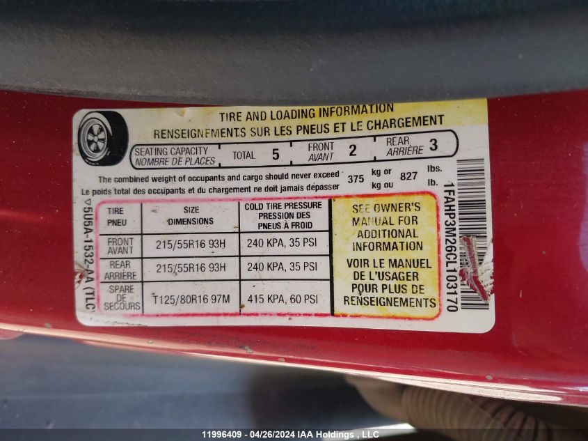 2012 Ford Focus Sel VIN: 1FAHP3M26CL103170 Lot: 11996409