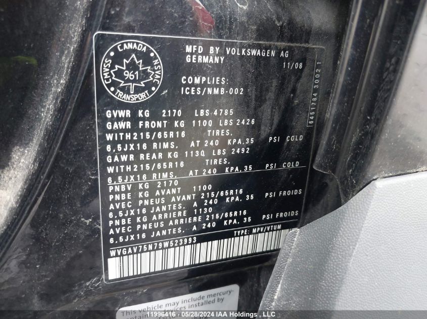 2009 Volkswagen Tiguan VIN: WVGAV75N79W523993 Lot: 11996416