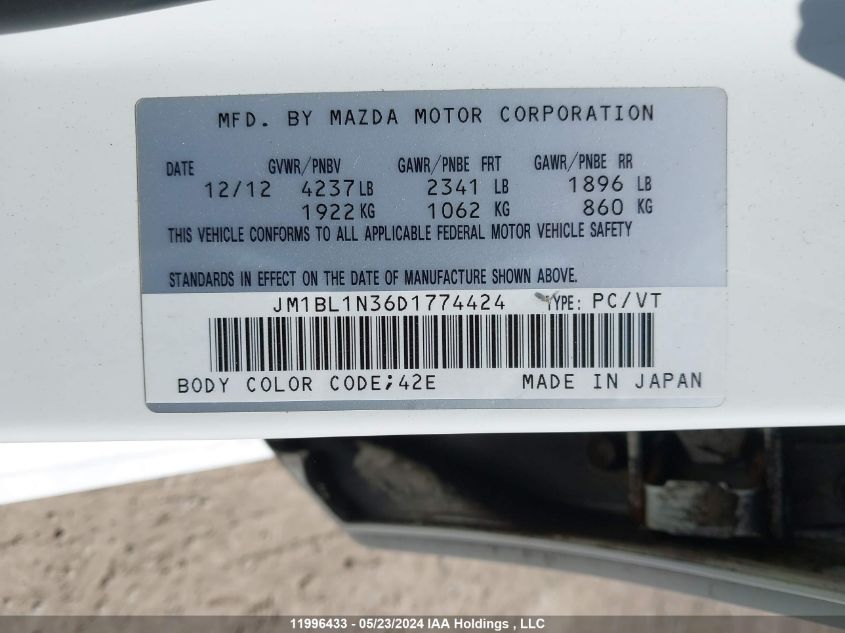 2013 Mazda Mazda3 VIN: JM1BL1N36D1774424 Lot: 11996433