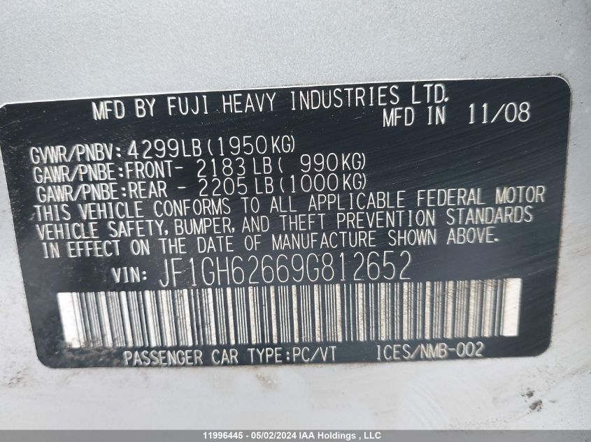 2009 Subaru Impreza VIN: JF1GH62669G812652 Lot: 11996445