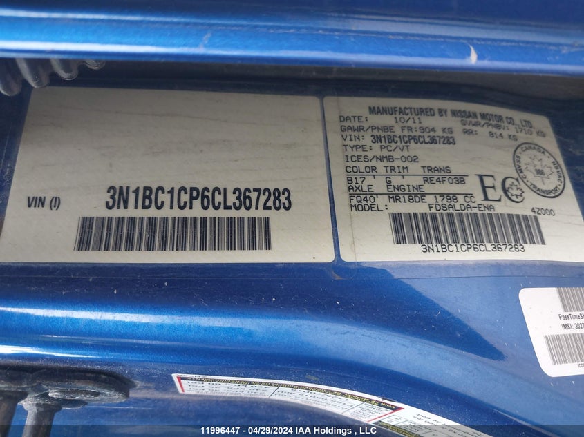 2012 Nissan Versa 1.8 S VIN: 3N1BC1CP6CL367283 Lot: 11996447