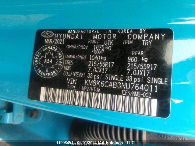 2022 Hyundai Kona Preferred Awd With Sun And Leather Package VIN: KM8K6CAB3NU764011 Lot: 11996451