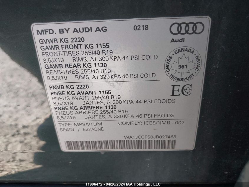 2018 Audi Q3 VIN: WA1JCCFS0JR027468 Lot: 11996472