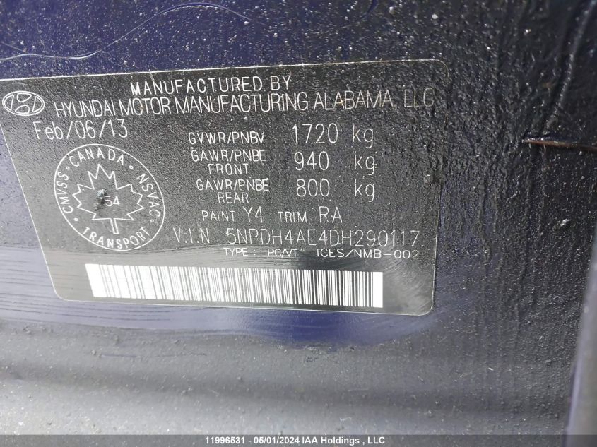 2013 Hyundai Elantra VIN: 5NPDH4AE4DH290117 Lot: 11996531