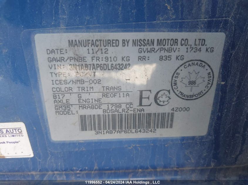 2013 Nissan Sentra VIN: 3N1AB7AP6DL643242 Lot: 11996552