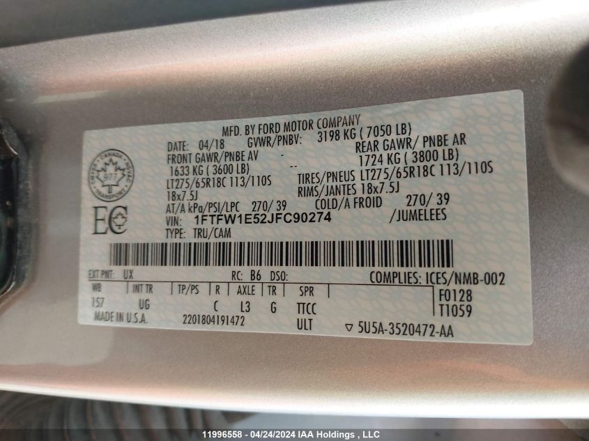 2018 Ford F-150 Xlt VIN: 1FTFW1E52JFC90274 Lot: 11996558