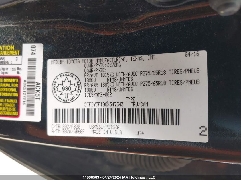 2016 Toyota Tundra Crewmax Sr5/Trd Pro VIN: 5TFDY5F10GX547343 Lot: 11996569