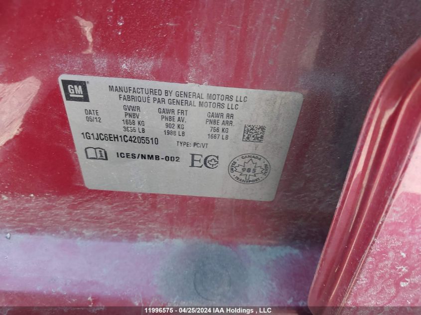 2012 Chevrolet Sonic Lt VIN: 1G1JC6EH1C4205510 Lot: 11996575