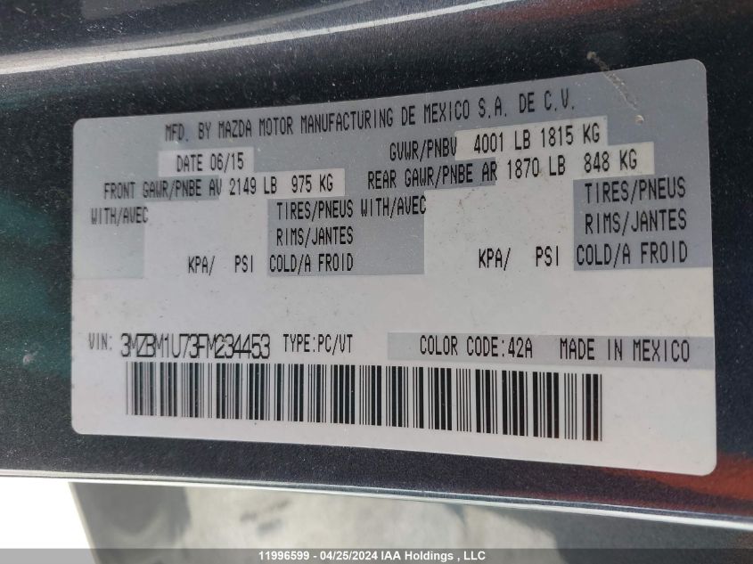 2015 Mazda 3 Sport VIN: 3MZBM1U73FM234453 Lot: 11996599