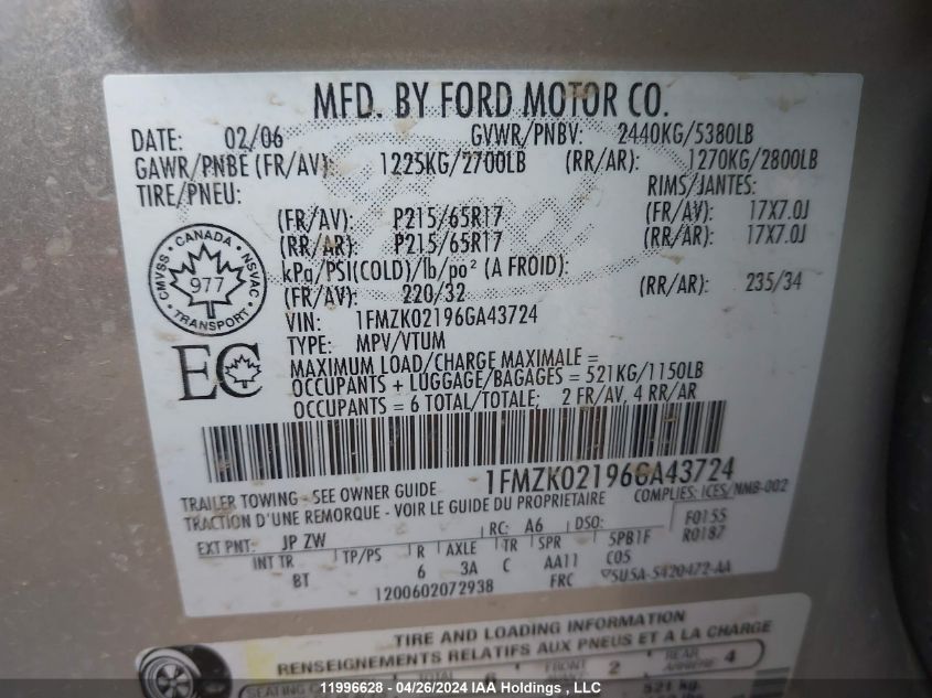 2006 Ford Freestyle VIN: 1FMZK02196GA43724 Lot: 11996628