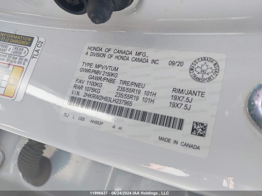 2020 Honda Cr-V Touring VIN: 2HKRW2H93LH237965 Lot: 11996637