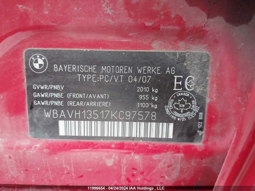 2007 BMW 3 Series VIN: WBAVH13517KC97578 Lot: 11996654
