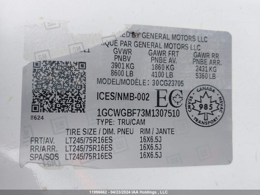 2021 Chevrolet Express G2500 VIN: 1GCWGBF73M1307510 Lot: 11996662