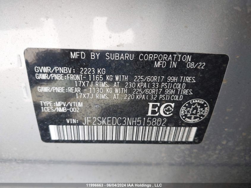2022 Subaru Forester VIN: JF2SKEDC3NH515802 Lot: 11996663