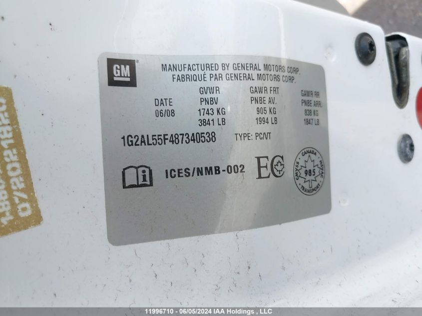 2008 Pontiac G5 VIN: 1G2AL55F487340538 Lot: 11996710