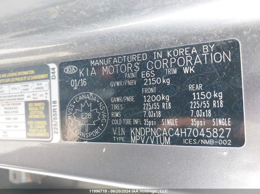 2017 Kia Sportage VIN: KNDPNCAC4H7045827 Lot: 11996719