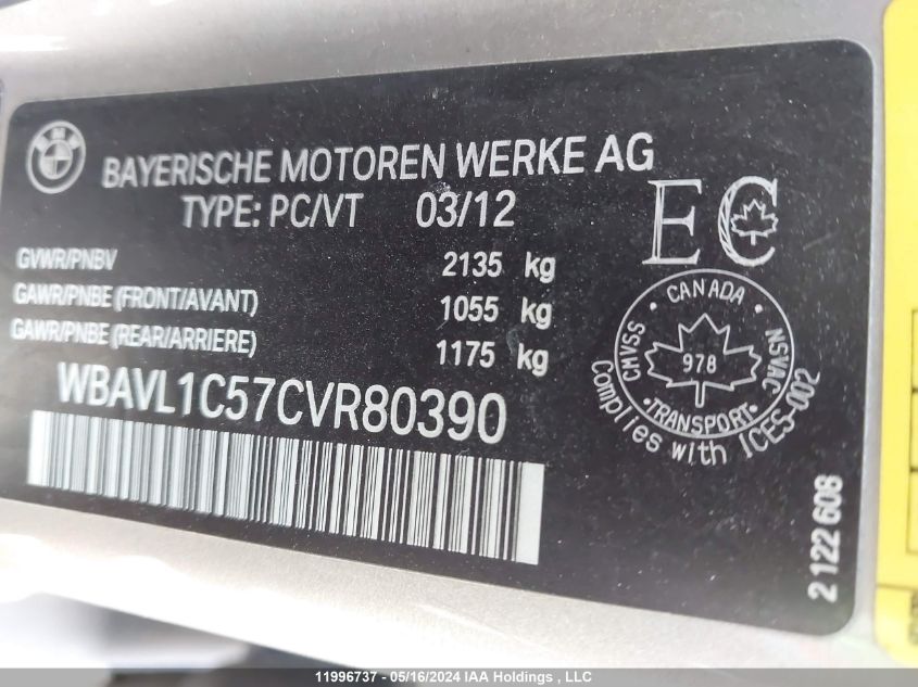 2012 BMW X1 VIN: WBAVL1C57CVR80390 Lot: 11996737