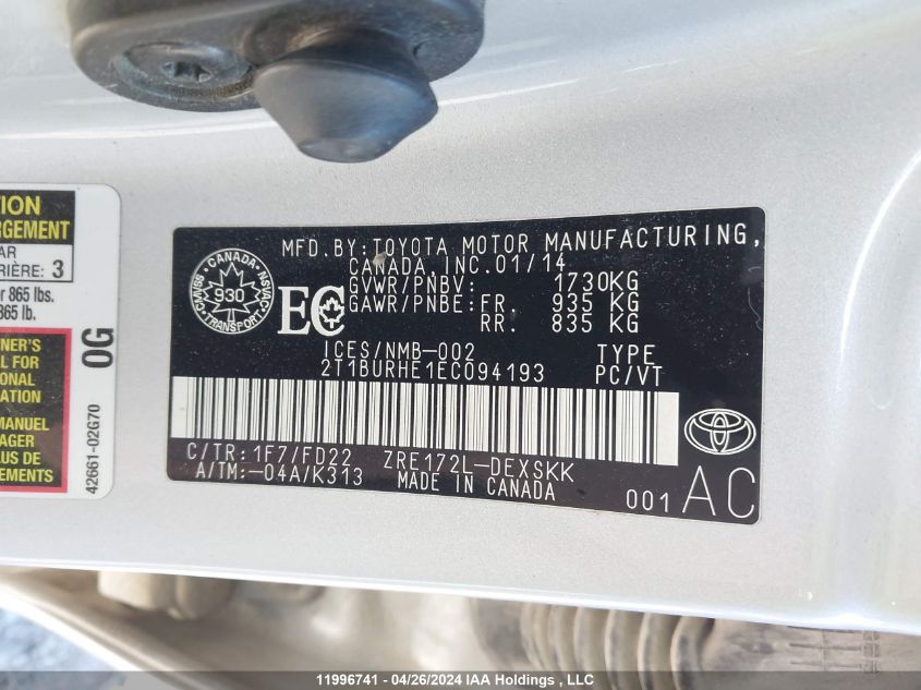 2014 Toyota Corolla L/Le/Le Pls/Prm/S/S Pls VIN: 2T1BURHE1EC094193 Lot: 11996741