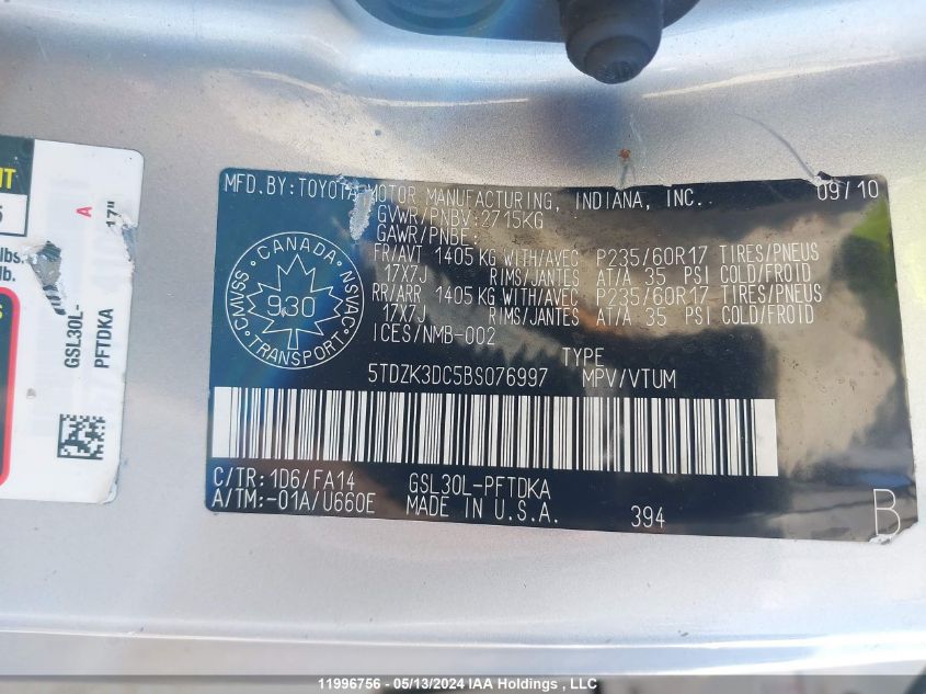 2011 Toyota Sienna VIN: 5TDZK3DC5BS076997 Lot: 11996756