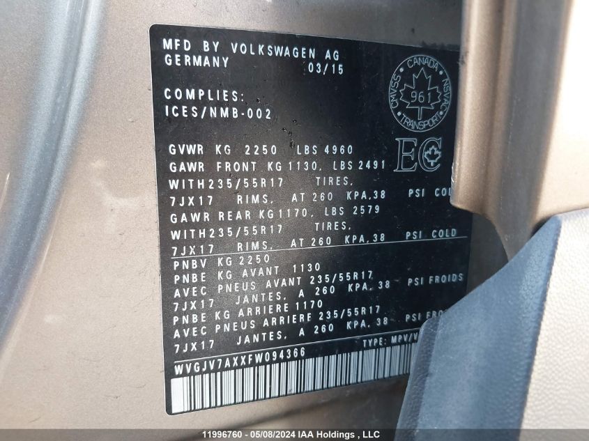 2015 Volkswagen Tiguan VIN: WVGJV7AXXFW094366 Lot: 11996760