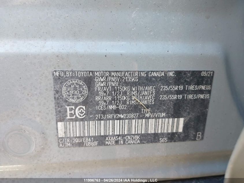 2021 Toyota Rav4 Adventure/Trd Off Road VIN: 2T3J1RFV2MW230827 Lot: 11996763