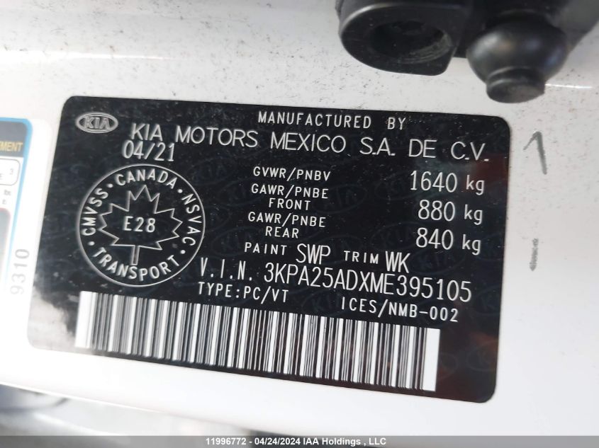 2021 Kia Rio 5-Door VIN: 3KPA25ADXME395105 Lot: 11996772