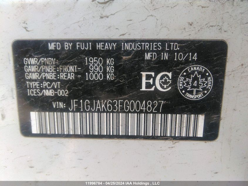 2015 Subaru Impreza Premium Plus VIN: JF1GJAK63FG004827 Lot: 11996784