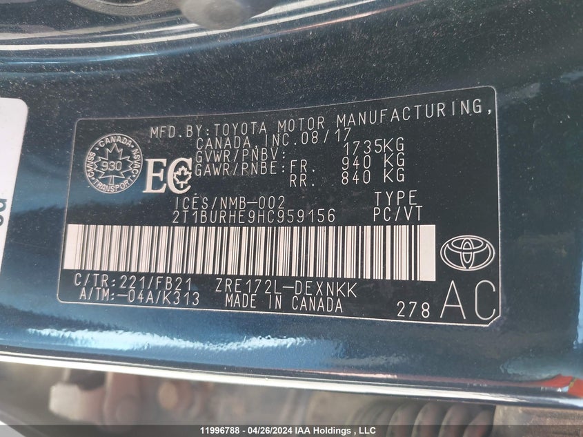 2017 Toyota Corolla Ce/Le/Se VIN: 2T1BURHE9HC959156 Lot: 11996788