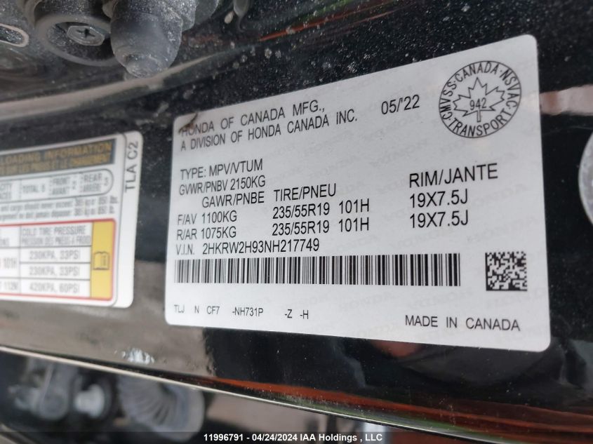 2022 Honda Cr-V VIN: 2HKRW2H93NH217749 Lot: 11996791