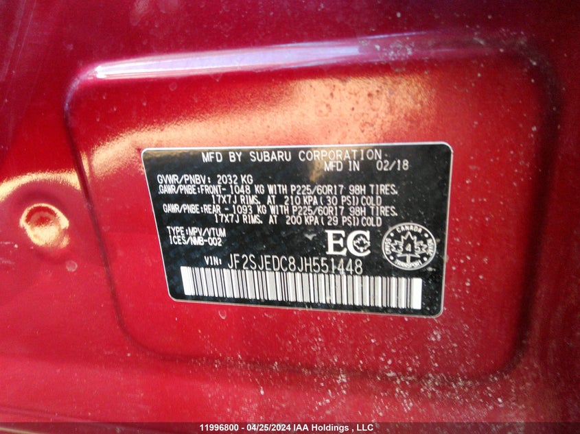 2018 Subaru Forester VIN: JF2SJEDC8JH551448 Lot: 11996800