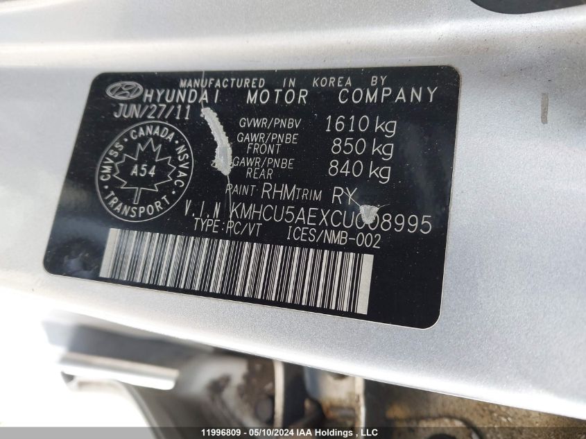 2012 Hyundai Accent VIN: KMHCU5AEXCU008995 Lot: 11996809