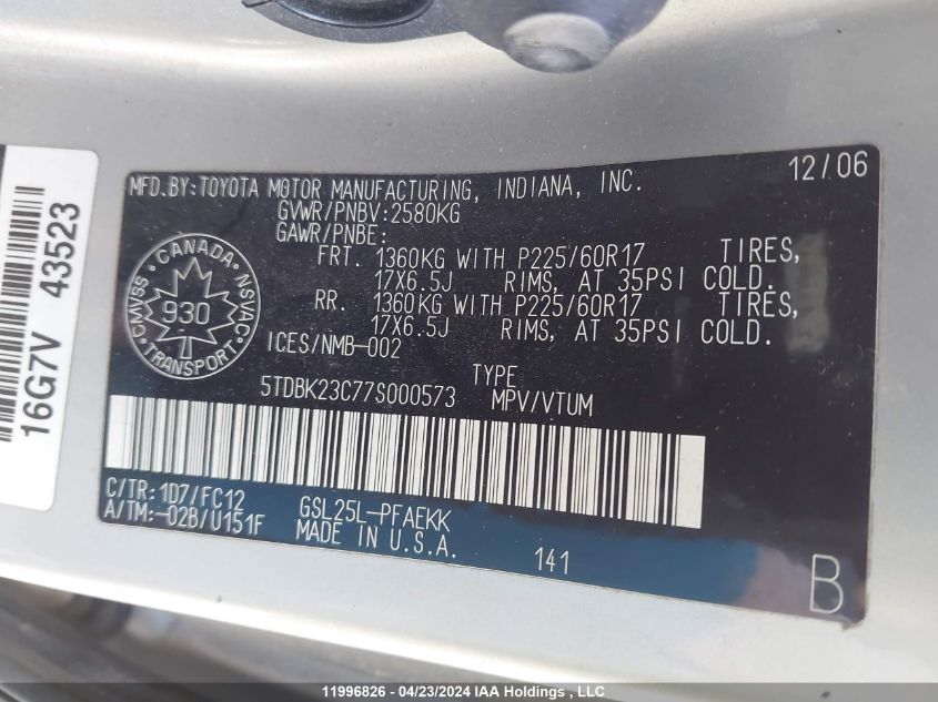 2007 Toyota Sienna VIN: 5TDBK23C77S000573 Lot: 11996826
