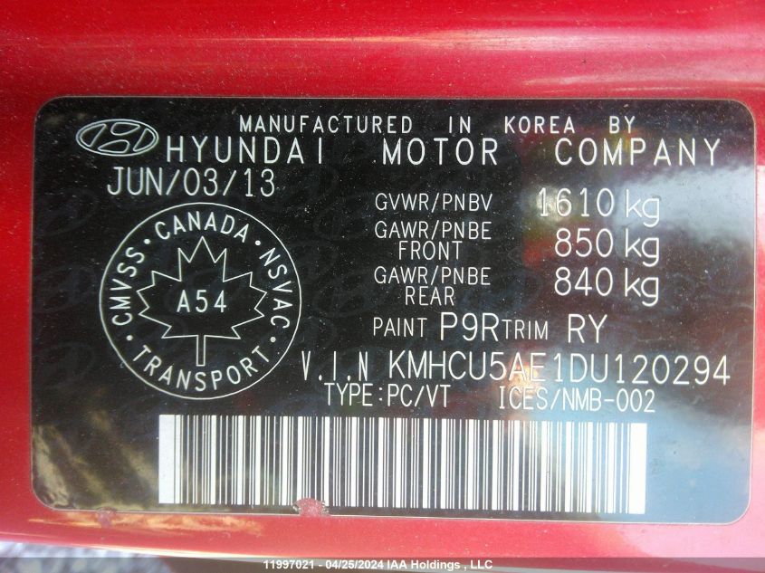 2013 Hyundai Accent VIN: KMHCU5AE1DU120294 Lot: 11997021