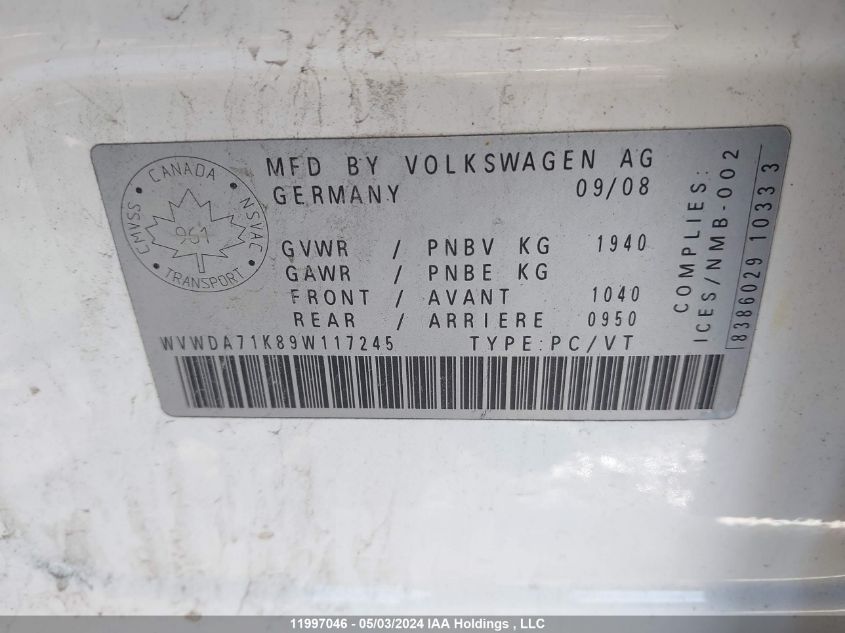 2009 Volkswagen Rabbit VIN: WVWDA71K89W117245 Lot: 11997046