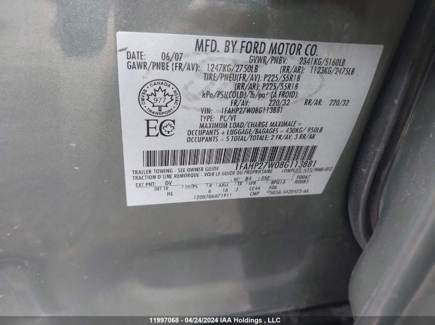 2008 Ford Taurus Sel VIN: 1FAHP27W08G113881 Lot: 11997068