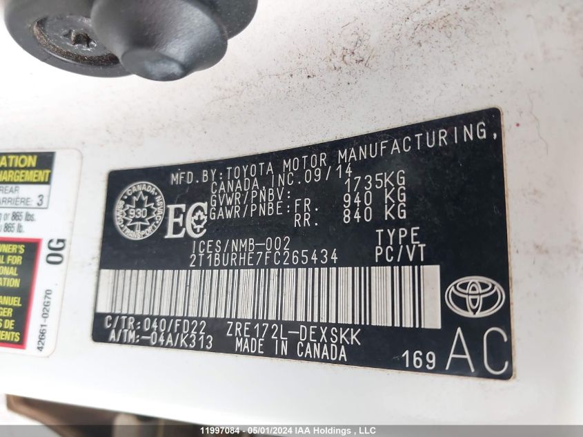 2015 Toyota Corolla Ce/Le/S VIN: 2T1BURHE7FC265434 Lot: 11997084