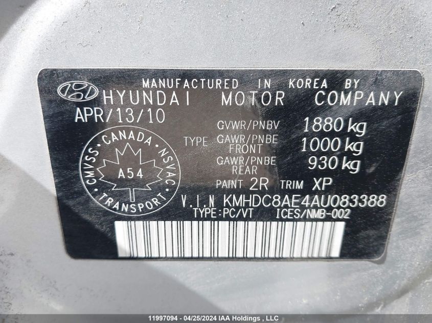 2010 Hyundai Elantra Touring Gls VIN: KMHDC8AE4AU083388 Lot: 11997094