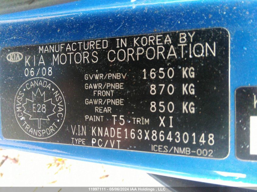 2008 Kia Rio 5 Sx VIN: KNADE163X86430148 Lot: 11997111